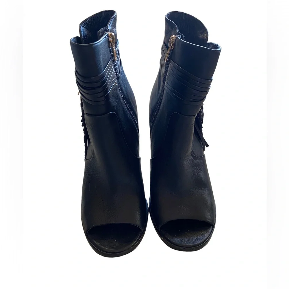 Coach Black Leather Peep-Toe Stiletto Ankle Boots with Feather Tassel